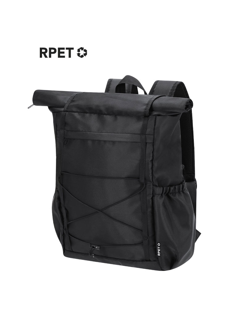 Mochila promocional en color negro, poliéster 290D RPET