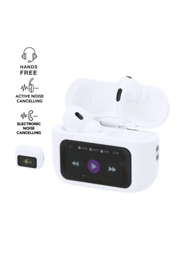 Audifonos publicitarios con pantalla táctil. y ENC (Electronic Noise Cancellation)